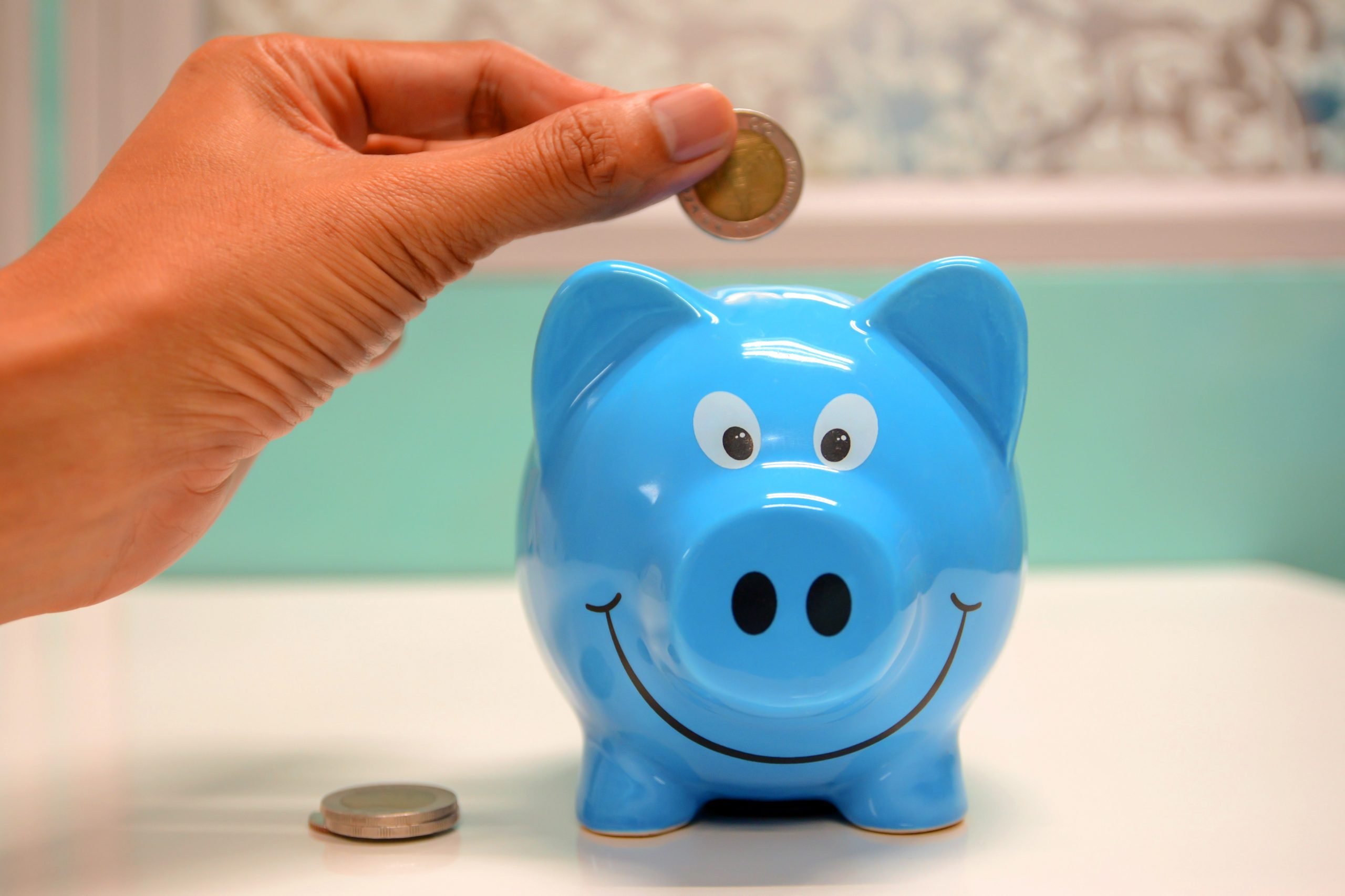 Blue piggy bank with hand adding an coin